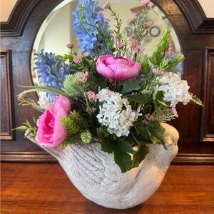 Elegant Handcrafted Stone Planter with Pink and White Floral Arrangement